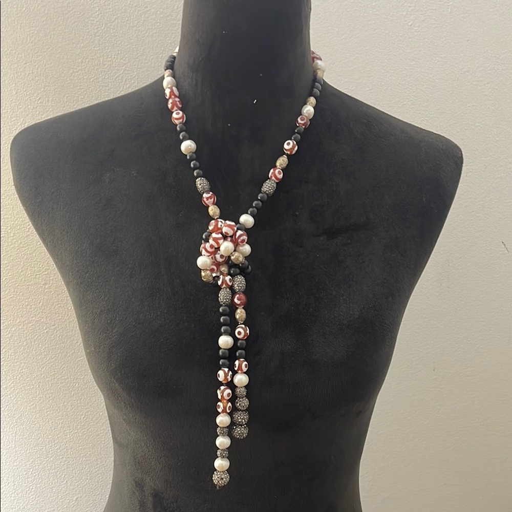 Orange/Rust and Grey Lariat Necklace